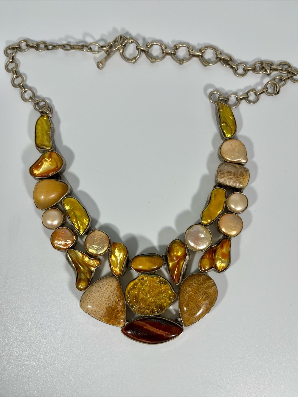 Vintage Estate Artisan Chunky 925 Silver Pearl & Gemstone Necklace - 21”s
